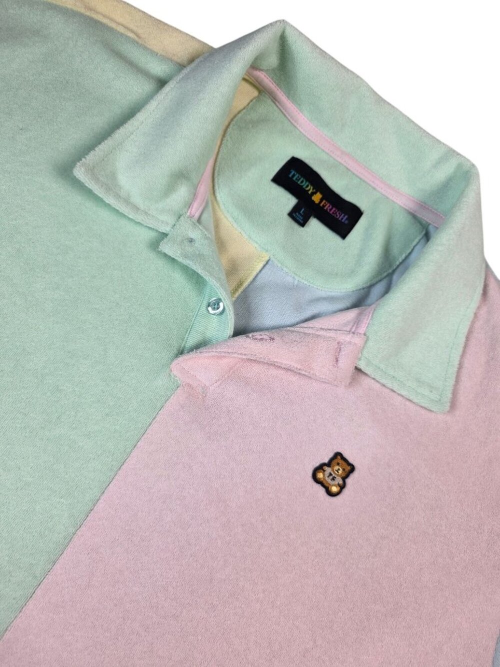 Teddy Fresh Colorblock Polo Shirt Pastel Embroidered Bear Logo Mens Large